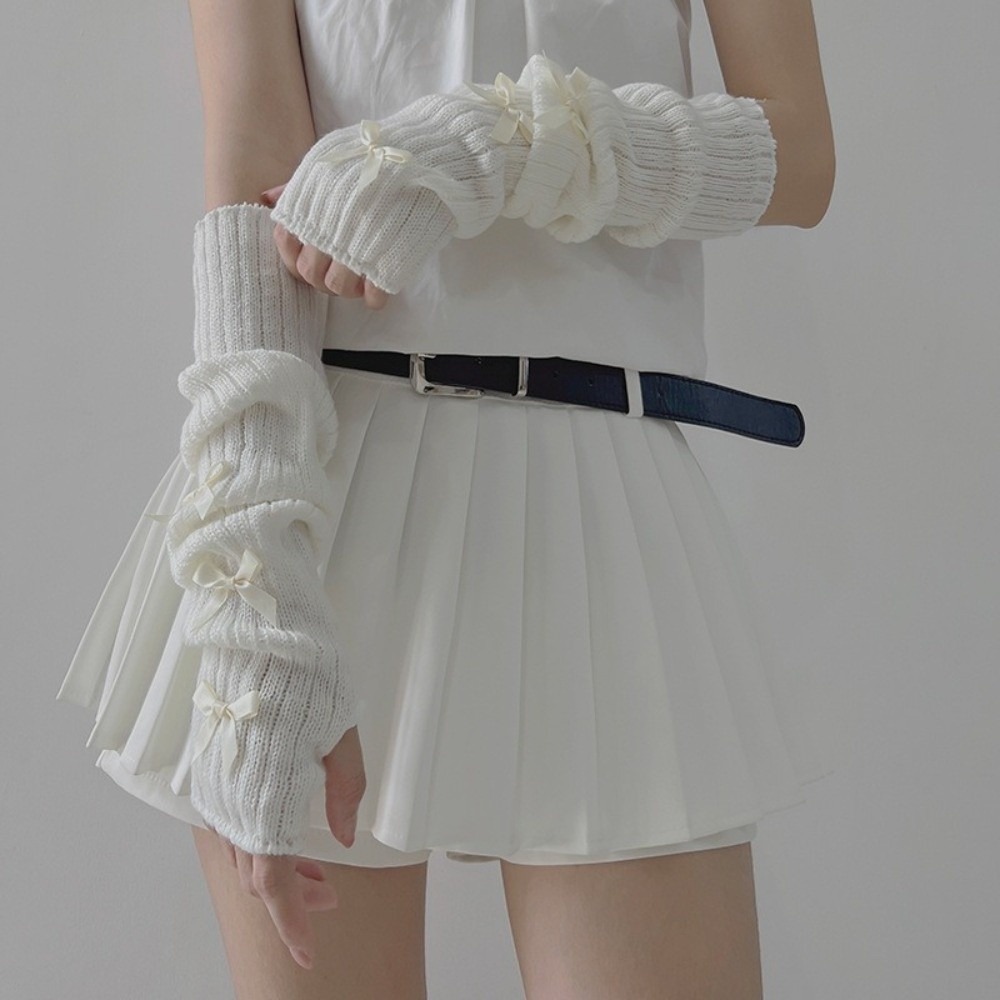 Fingerless Glove Knit - Preppy Slouchy Bow Knitted Arm Warmers